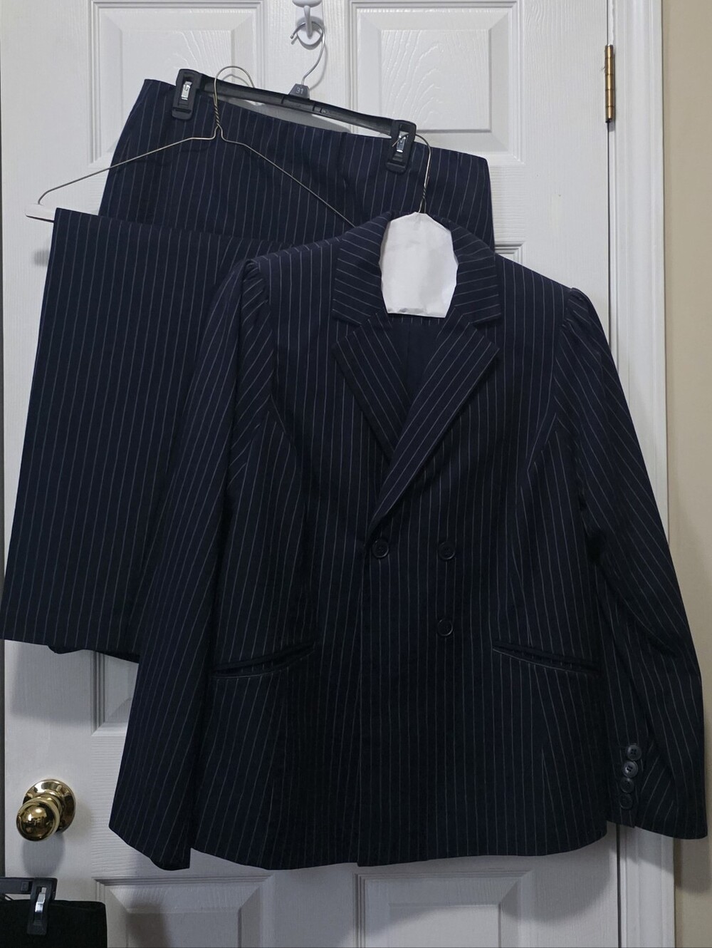 Lane Bryant Navy Pinstripe Double-Breasted Suit Set (Jacket, Skirt, Slacks)